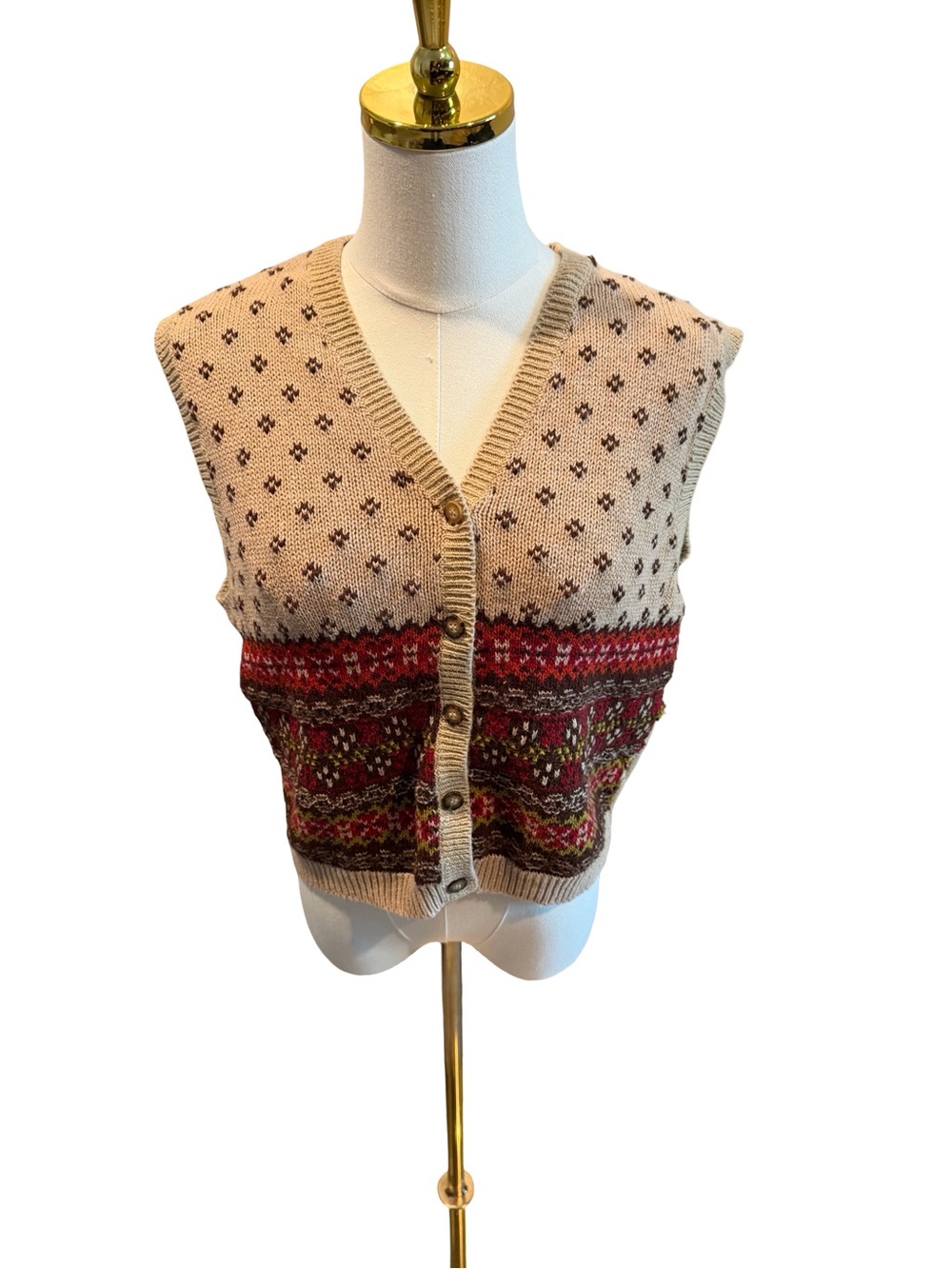 Vintage Karen Scott Beige and Red Fair Isle V-Neck Button Sweater Vest